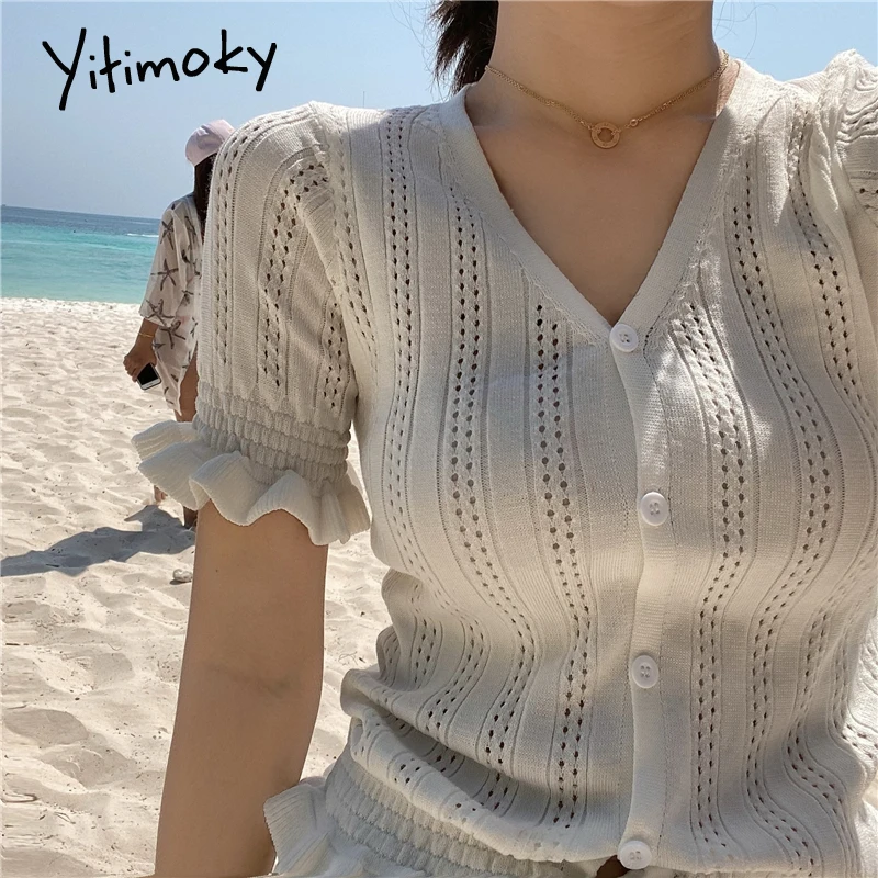 Женский короткий кардиган с вырезами вязаный свитер v-образным вырезом и