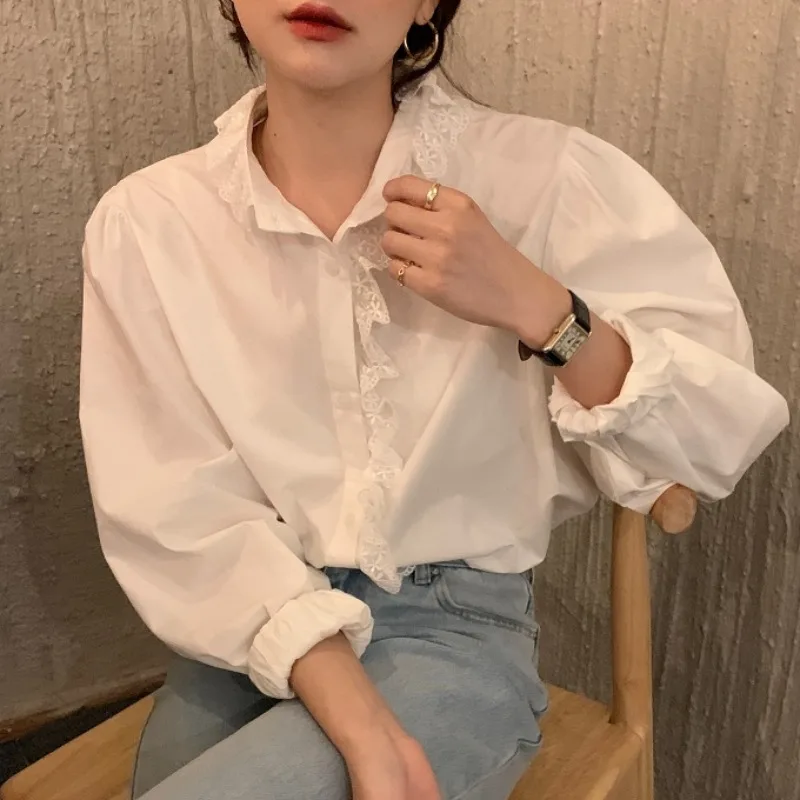 Женская кружевная рубашка элегантная однотонная плиссированная во французском