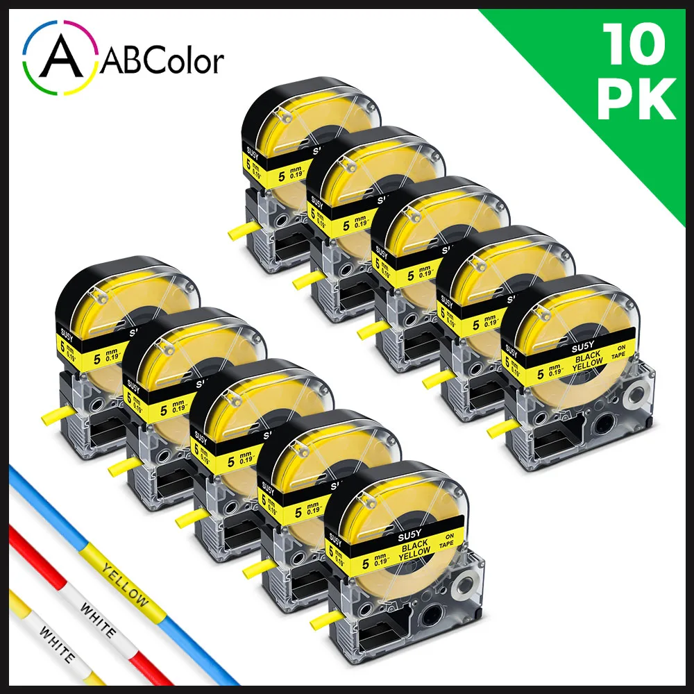 

10PK LK-4YBA5 Heat Shrink Tubes Φ5mm/9mm Black on Yellow Tape Compatible for Epson/King Jim SU5Y LK-4YBA5 LW-300 400 Label Maker