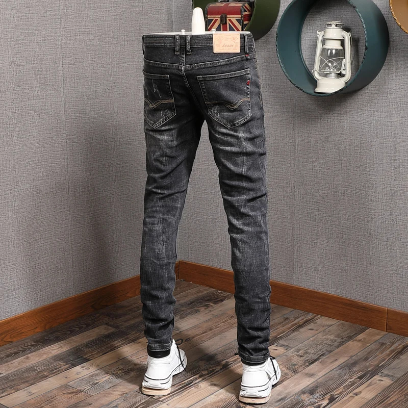 European Vintage Fashion Men Jeans Retro Black Gray Elastic Cotton Slim Fit Ripped Jeans Men Distressed Designer Denim Pants