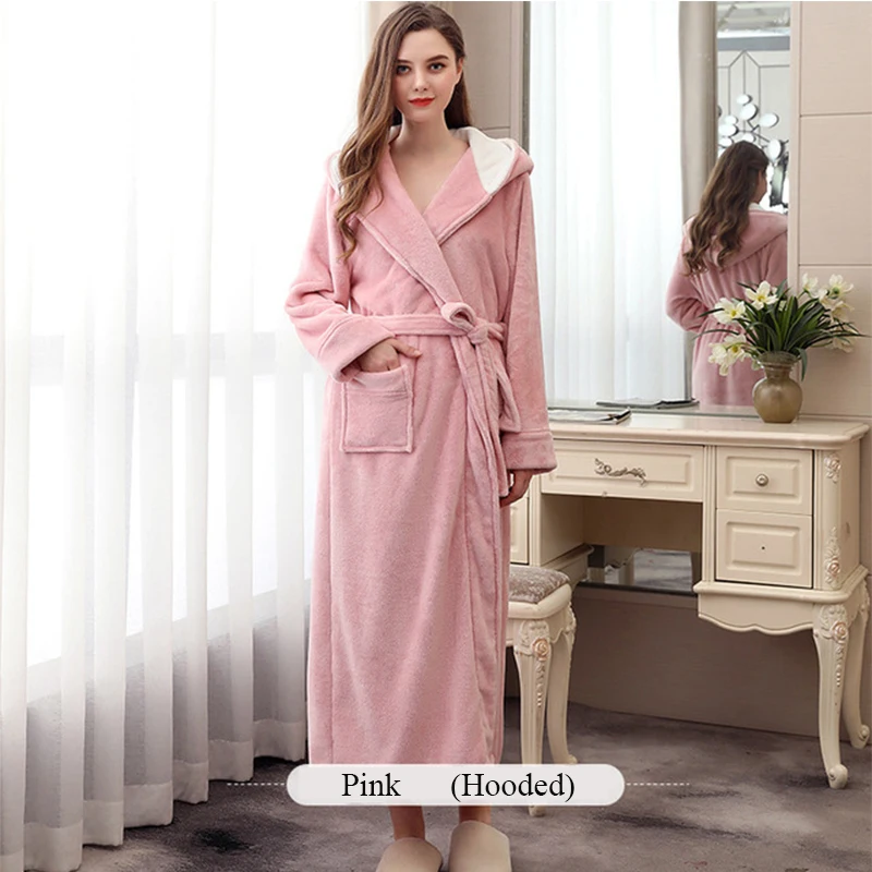 

2021 Winter Women's Sleepwear Solid Loose Nightwear V Neck Long Sleeve with Sashes Big Pockets Hooded Thick Homewear