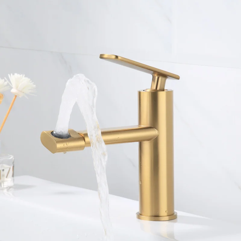 

Brushed Gold Basin Rotating Faucets Solid Brass Bathroom Sink Mixer Hot & Cold Single Handle Deck Mounted Lavatory Crane Taps