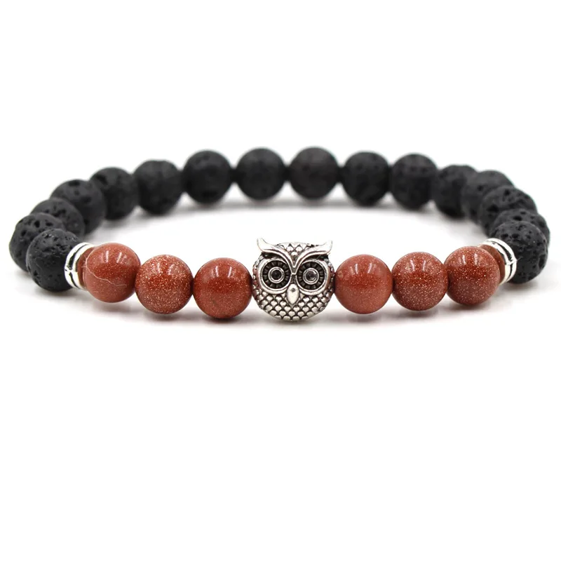 8 мм черный лавовый камень тигровый глаз бусины талисманы в виде совы браслет с