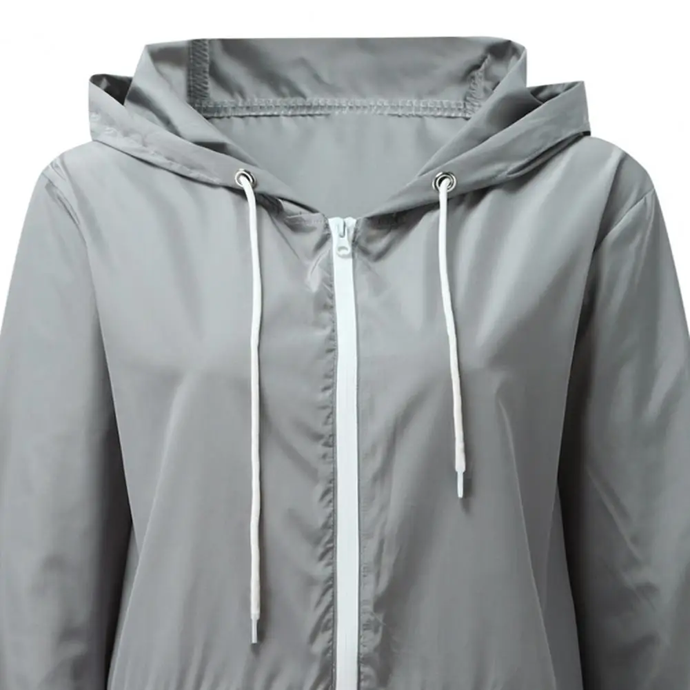 

Lightweight Hooded Jacket Solid Color Waterproof Windproof Drawstring Women Long Sleeve Zipper Pockets Raincoat for Hiking