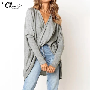 Женские блузки, топы, осенняя блуза с длинными рукавами Celmia 2021 модный вязаный свитер с длинным рукавом, блузка с V образным вырезом асимметричное Плиссированное блузки размера плюс