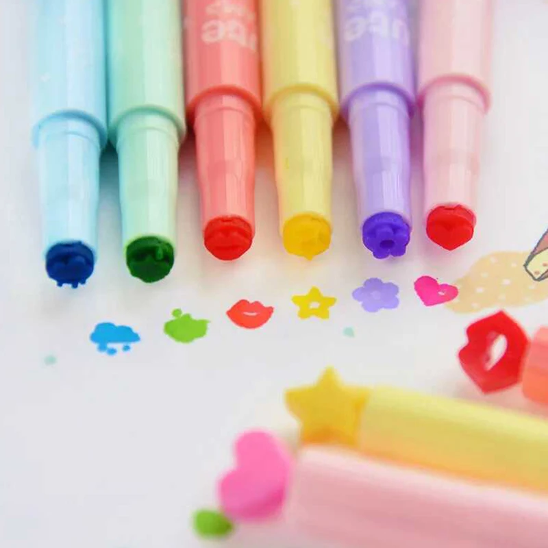 

6Pcs/Lot Cute Candy Color Highlighters Inks Stamp Pen Creative Marker Pen school Supplies office Stationery Gifts for children