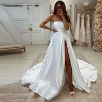 elegant satin wedding dress white pleat strapless sleeveless high split sweep train long bridal gowns for women vestido de noiva