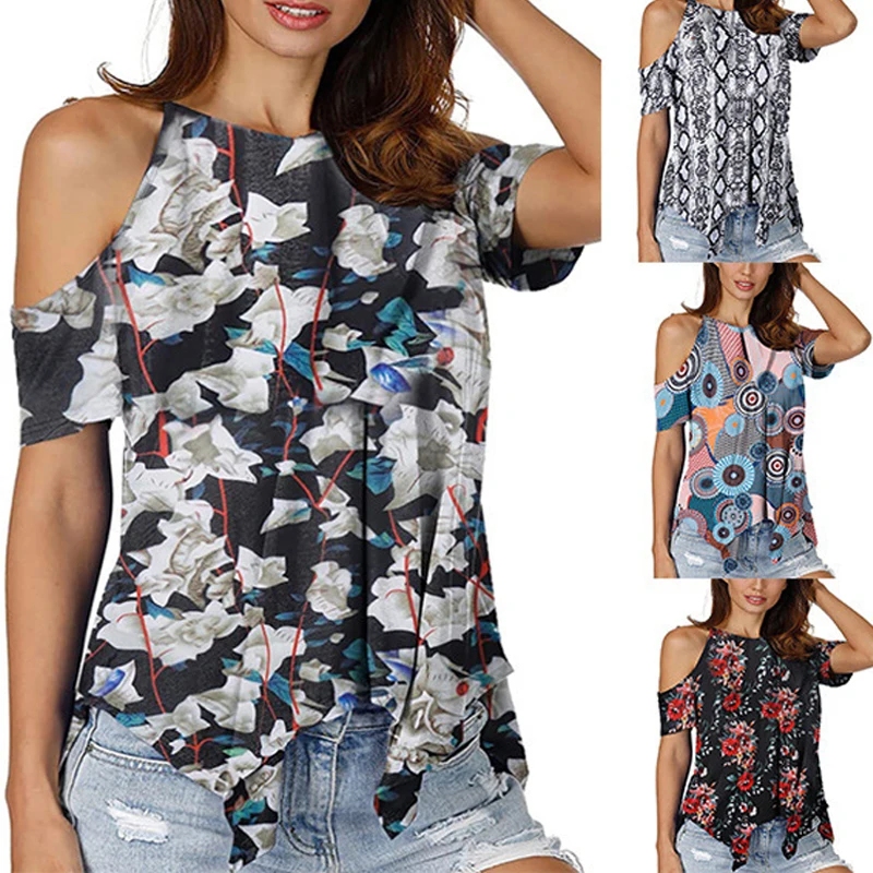 

Футболка женская с открытыми плечами, пикантный топ с коротким рукавом и принтом, Повседневная Свободная уличная одежда, мягкая рубашка с к...