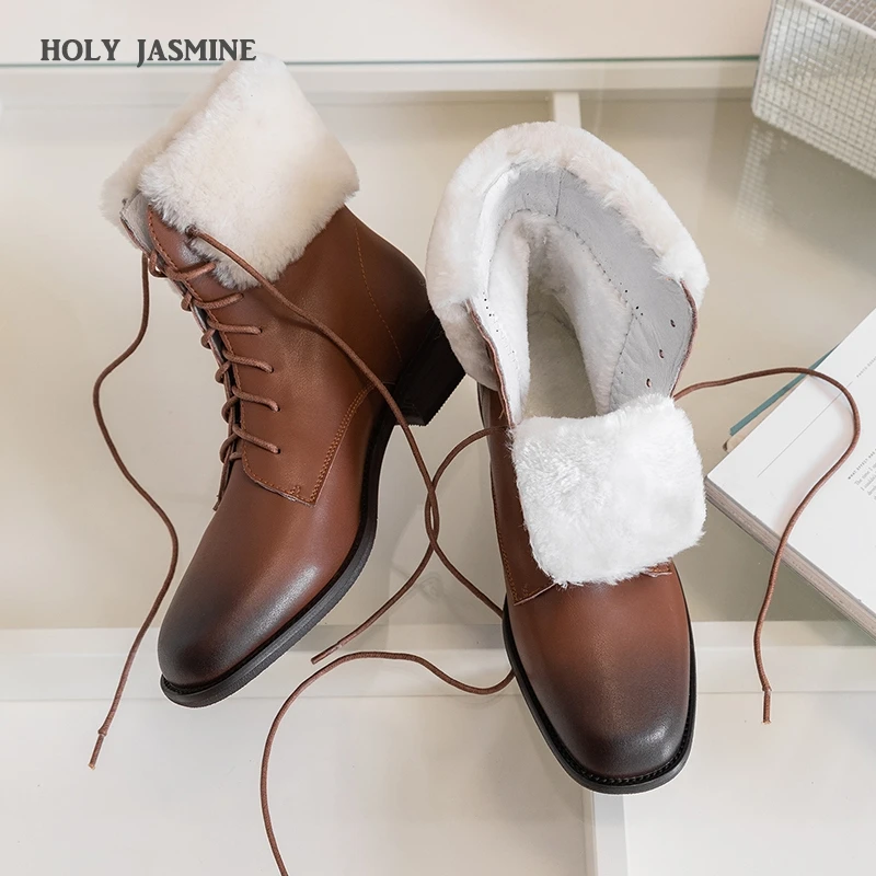 

Genuine Leather Women 2020 Winter Fur Warm Snow Boots Ladies Warm Wool Booties Ankle Boot Comfortable Shoes Lace-up Women Boots