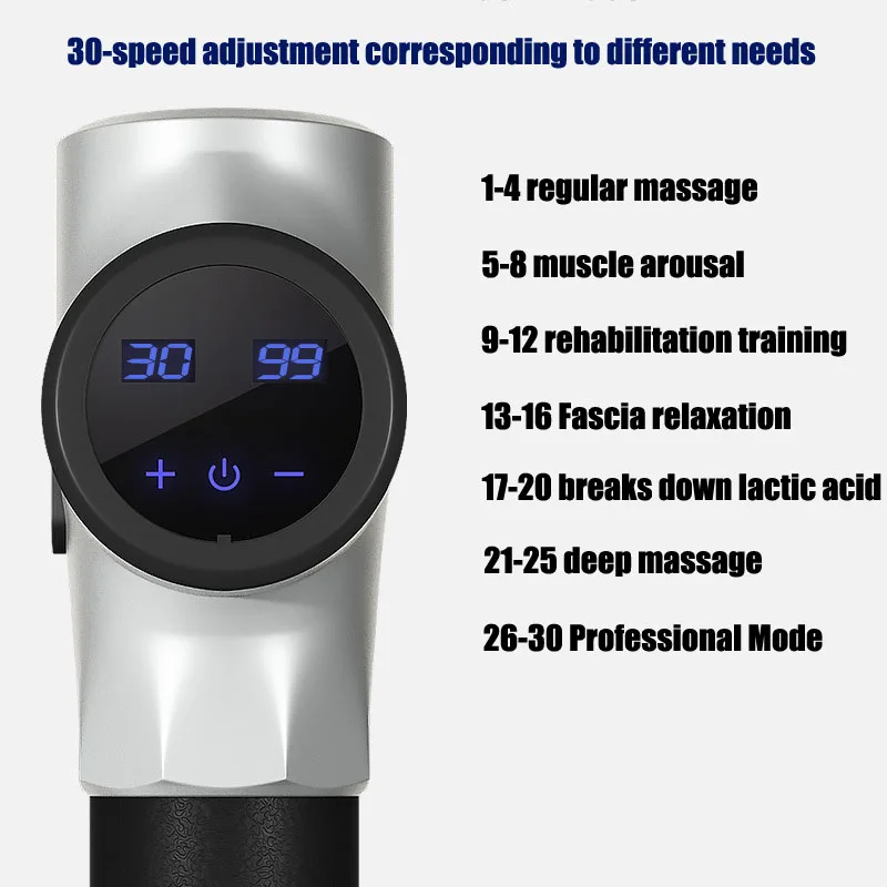 30 Gear 4 Heads High Frequency Massage Gun Muscle Relaxation Body Deep Tissue Fascia Massager LCD massageador Fitness Equipment |