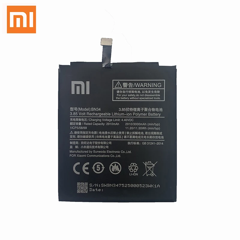 Xiao Mi-bater&iacute;a Original BN34 para tel&eacute;fono, repuesto de 5,0 ", capacidad Real de 3000mAh, para Xiaomi Redmi 5A-1