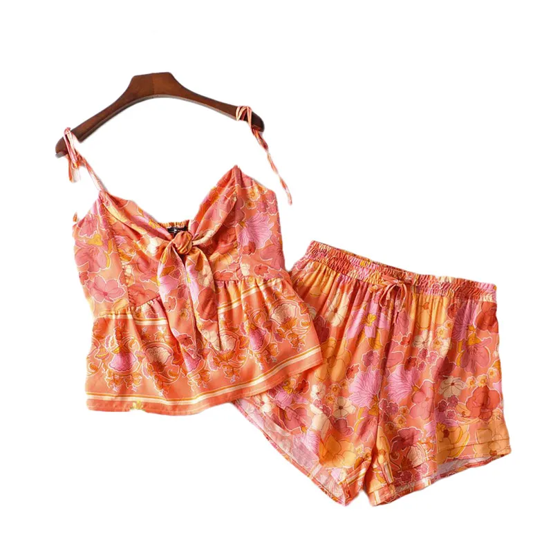 

Hirigin Sexy Boho Suits New Sleeveless Hollow with Bow Tank Top + Elastic Shorts 2pcs Summer Beach Clothing Sets Female Outfits
