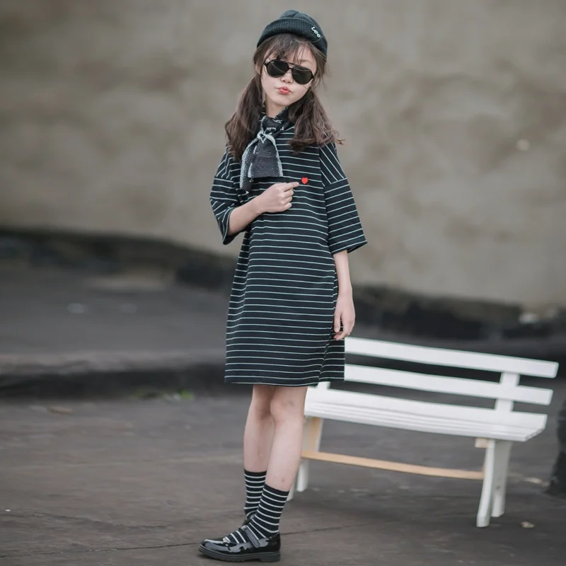 

New Heart Pattern Stripe Girl Casual Dress Teen Shirt Dress Kids Clothes 2022 Summer Mommy and Me Children Clothies Cotton,#6329