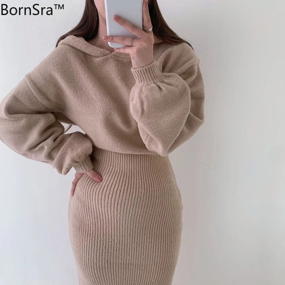 

Bornsra Dress Women Korean Temperament Loose Hooded Puff Sleeve Knitted Dress Sheath Textured Vestidos Mujer Winter Warm Dress