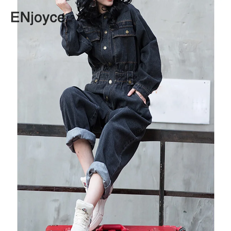 Women Denim Jumpsuits Oversized Fashion Loose Wide Leg Cargo Pants Pockets Ladies Vintage Black Playsuit Jump Suits Fall Winter |