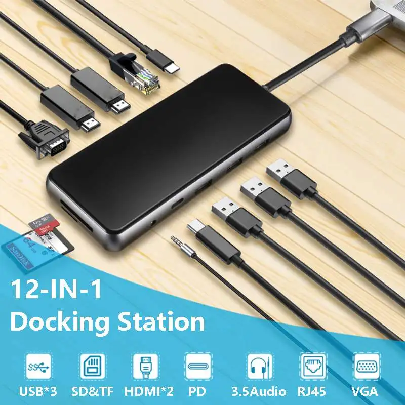 

12-In-1 USB-C Docking Station Triple Display 4K VGA 87W PD3.0 RJ45 3.5mm Audio Jack SD TF USB 3.0 Laptop Hub Adapter