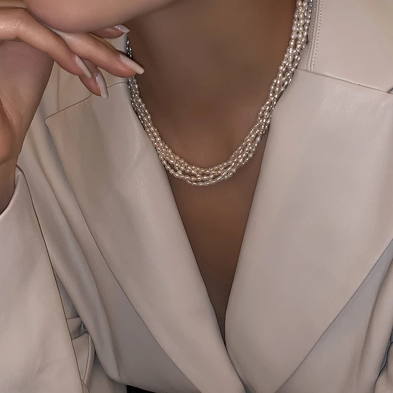 ?? ヴィンテージシャンパン宝石クラスプ多層天然淡水真珠ショートネックレスファッション気質鎖骨チェーン女性