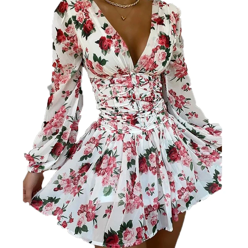 

Autumn Elegant Long Sleeve Lady Slim Dress 2021 Sexy Deep V Neck Bandage Party Dress Women Spring Floral Print A-Line Mini Dress