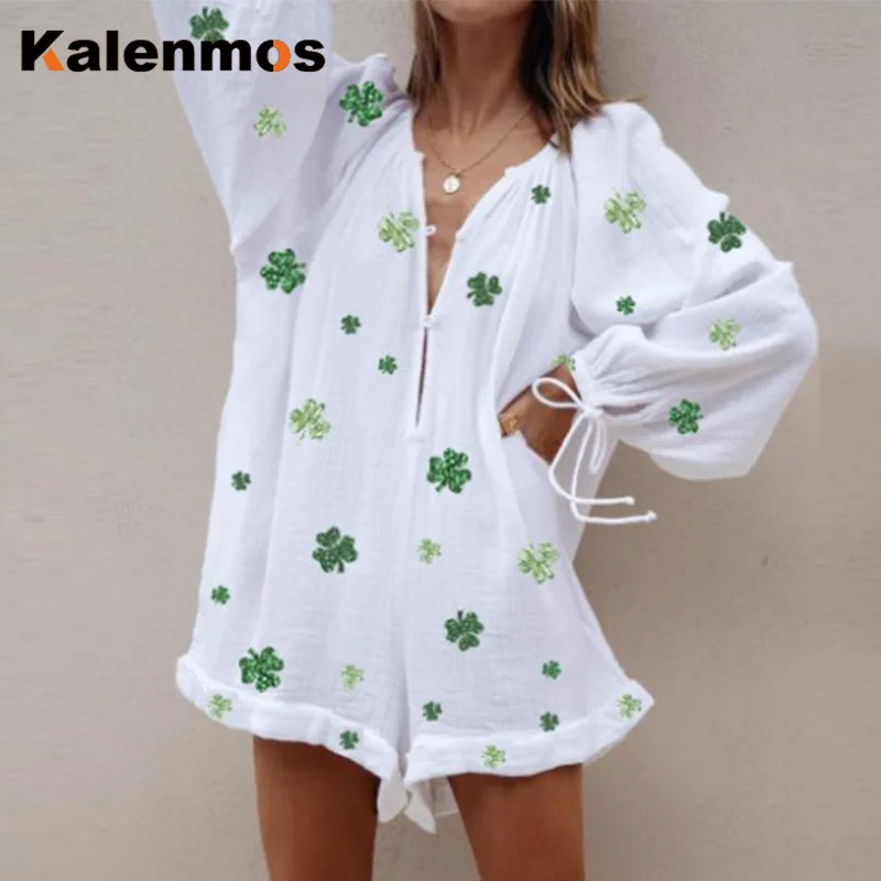 

Playsuit Women Sexy Streetwear Heart Rompers Elegant Loose Cargo Pants Overalls Bodysuit Casual Lantern Sleeve Beach Jumpsuits