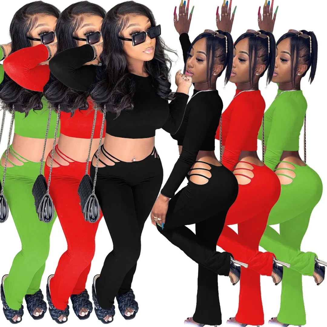 

Sexy Cut out Long Pants Sets Women Party Wear Long Sleeve O Neck Crop Top 2 Pieces Tracksuit Solid Club Outfits 2021 Clothes