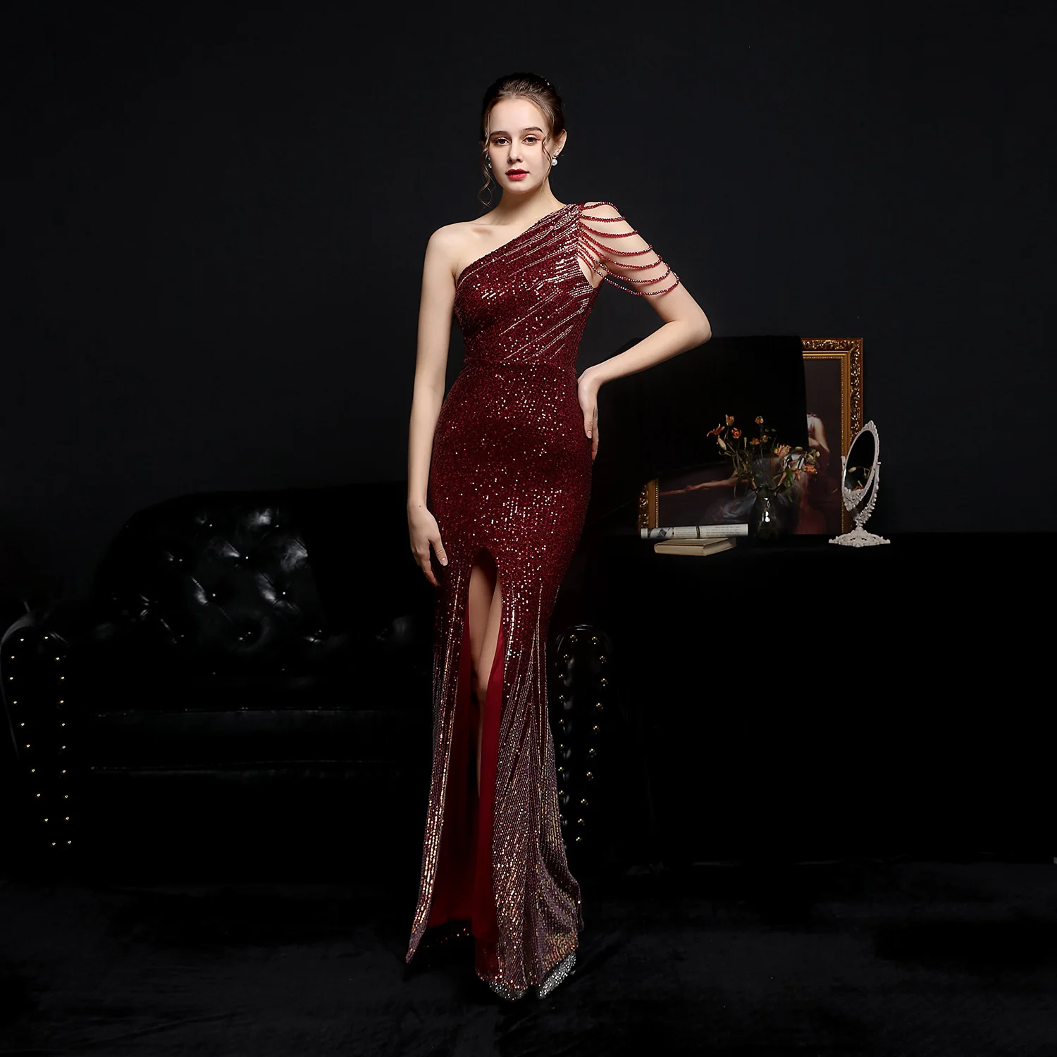 

Beads Celebrity Party Evening Gowns Dresses Dress Sleeveless Sparkle Sexy Mermaid Long Sequined O-Neck Bride High Split