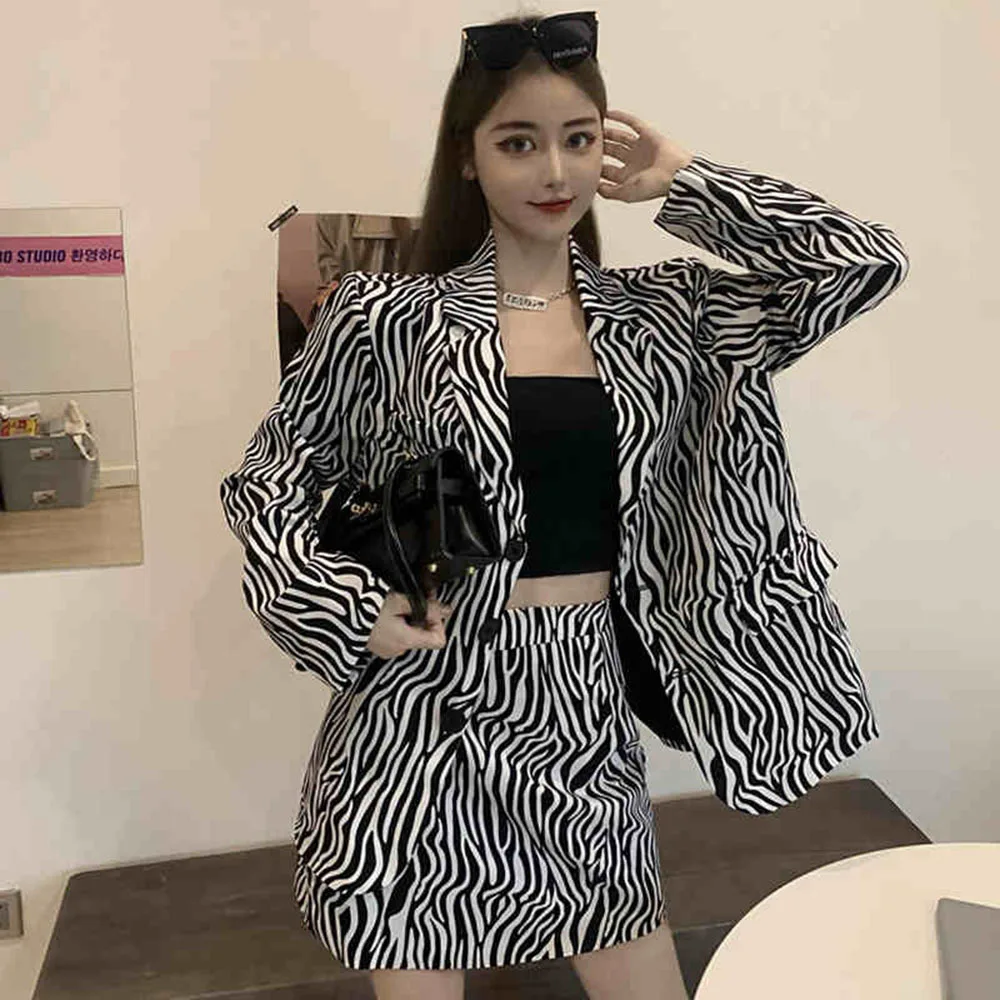 

Zebra Pattern Women's Set Casual Blazer Jacket Mini Skirt Two Piece Set For Women Harajuku Streetwear 2 Piece Sets Outfit