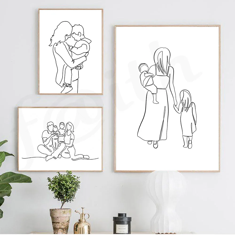 Семейный рисунок линий скандинавские плакаты и принты Современное украшение для