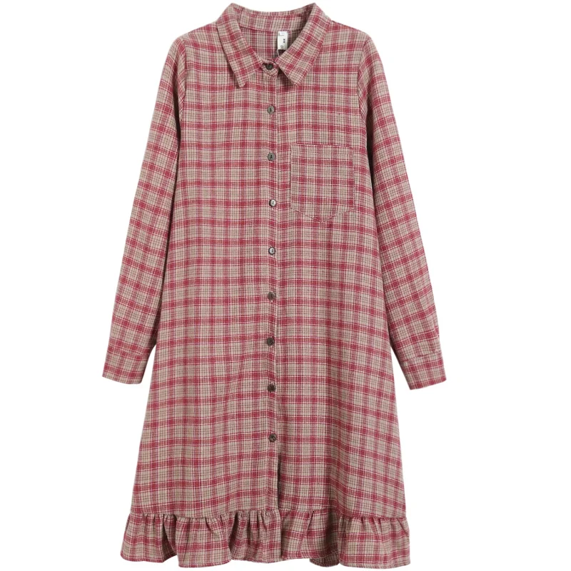 

Mori Girl Autumn Winter Shirt Dress Plaid Cotton Linen Lolita Style Mini Dress Elegant Vintage Ruffles Sweet Cute Women Dresses