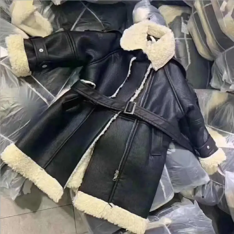 

Hot selling children Pu leather jackets girls plus velvet long leather coats kids lambswool outerwear teenage tops ws1285