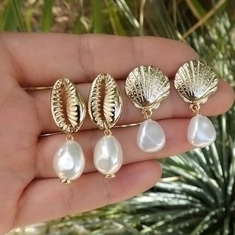 Женские серьги в стиле панк круглые жемчужные форме сердца ракушки капли воды