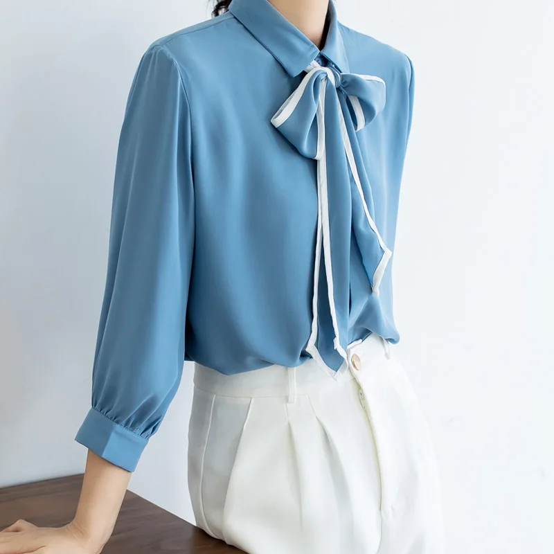 

COIGARSAM Office Lady Short Sleeve blouse women Chiffon Panelled blusas womens tops and blouses Light Blue White 023