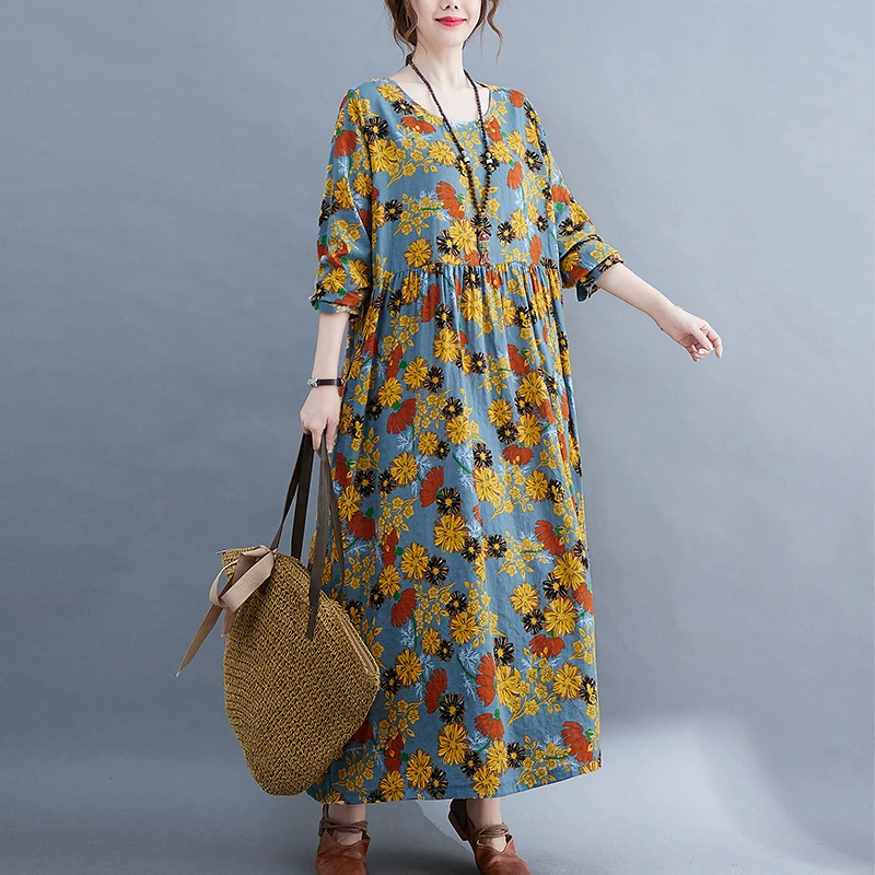 

2022 New Long Sleeve Autumn Cotton Vintage Floral Yerllow Dresses Women Casual Loose Vestidos Elegant Ladies Dress Femme Clothes