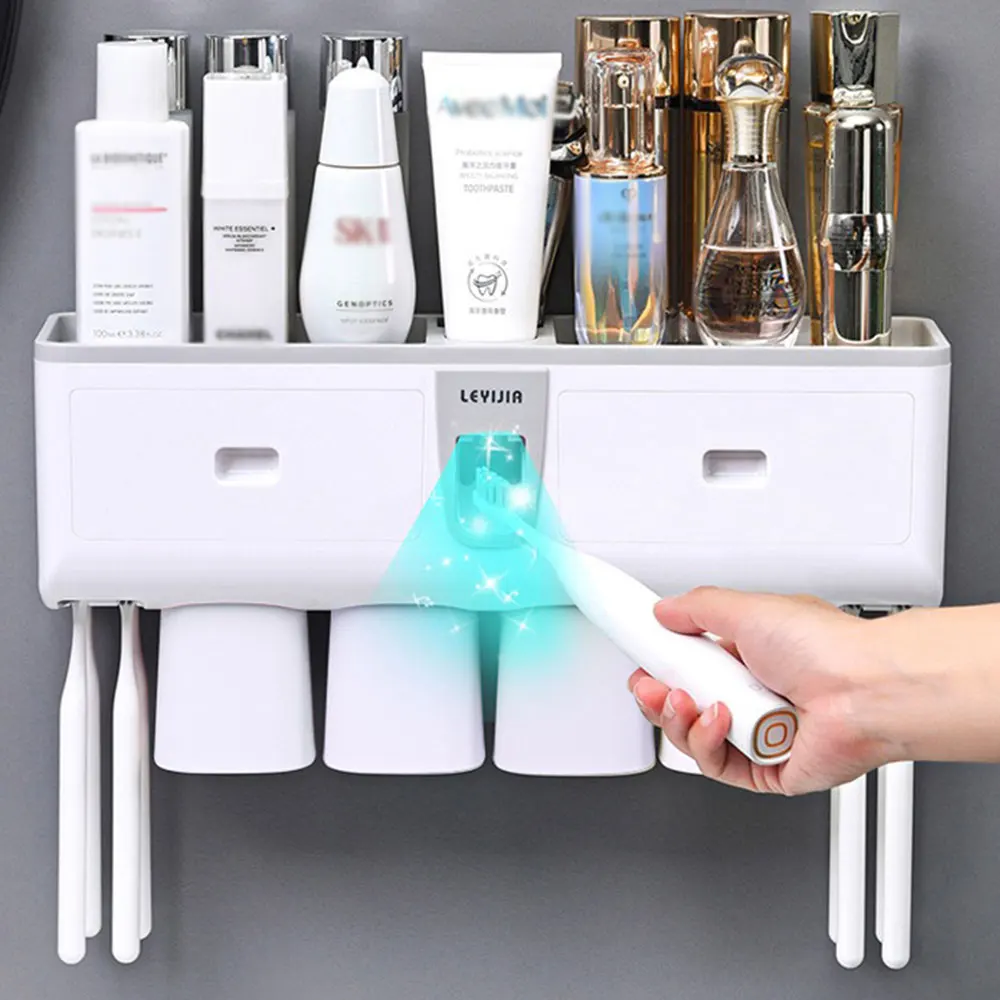 

Toothbrush and toothpaste holder bathroom storage rack toothpaste dispenser Accessories Wall mount No punching Family use 4 cup