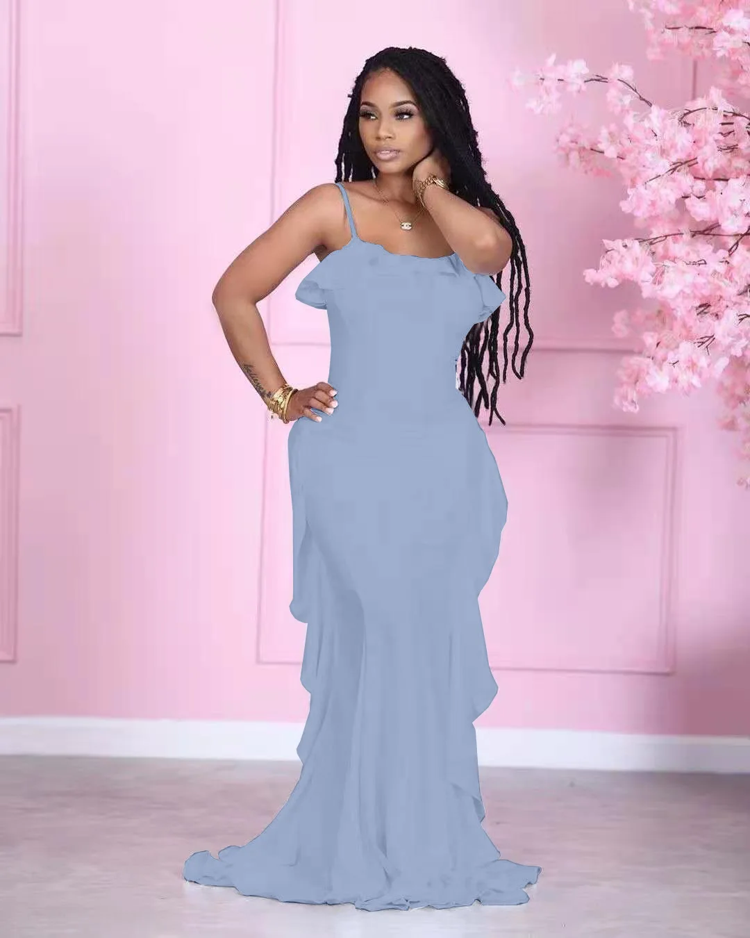 

Strap Ruffle Maxi Dress for Women Summer Vacation Beach Sexy Sleeveless Ruffle Long Dresses