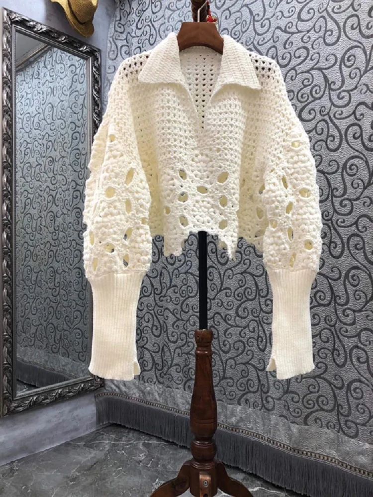 2022Spring Autumn r Fashion Sweaters & Pullovers High Quality Women Turn-down Collar Crochet Knitting Long Sleeve Casual Jumpers