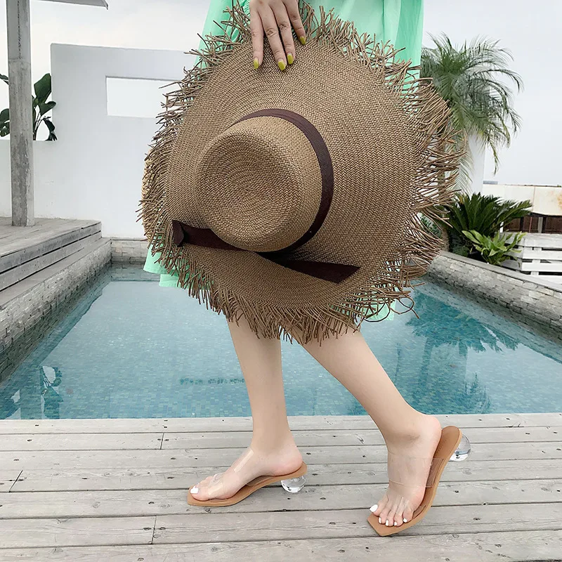 Crystal Ball Low Heel PVC Transparent Clear Slippers Women Peep Toe Summer Sandals Fashion New Design Slippers Outdoor