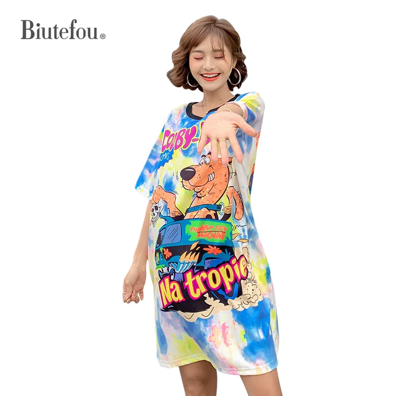 2020 Новое поступление летние платья с принтом из мультфильма женские блестками |