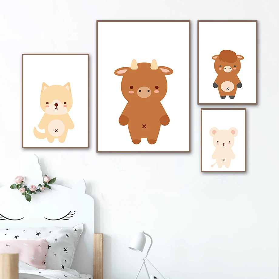 

Cartoon Cattle Fox Cat Bear Goat Nursery Nordic Posters And Prints Wall Art Canvas Painting Wall Pictures Baby Kids Room Decor