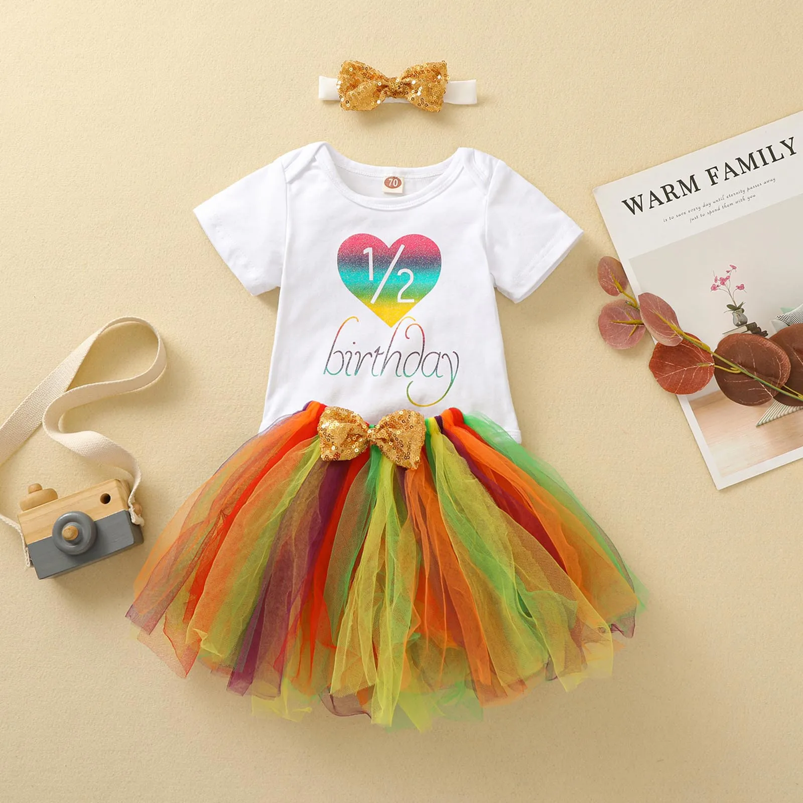 

Babys Girls Short-Sleeved Round Neck Letter Printed Romper Jumpsuit Top + TUTU Colors Matching Skirts + Three-Piece Bow Headband