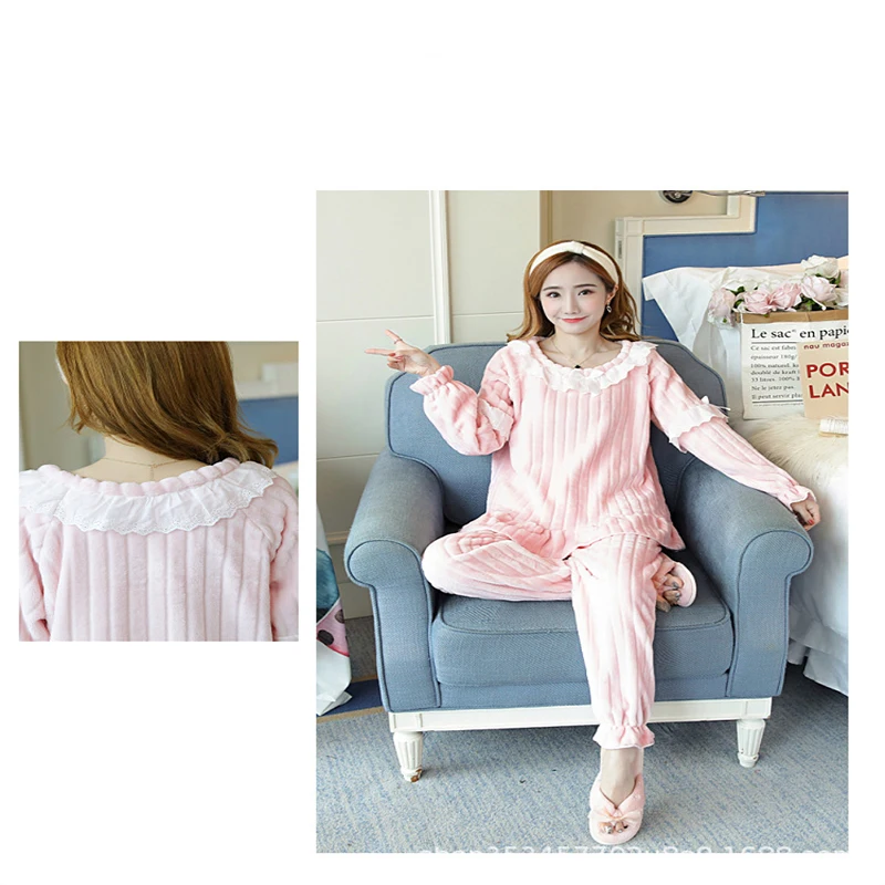 

2020 Winter Pajama Women Korean Sleepwear Cute Cartoon Flannel Pajamas Set Velvet Warm Pijama Round Neck Pyjama Homewear Women
