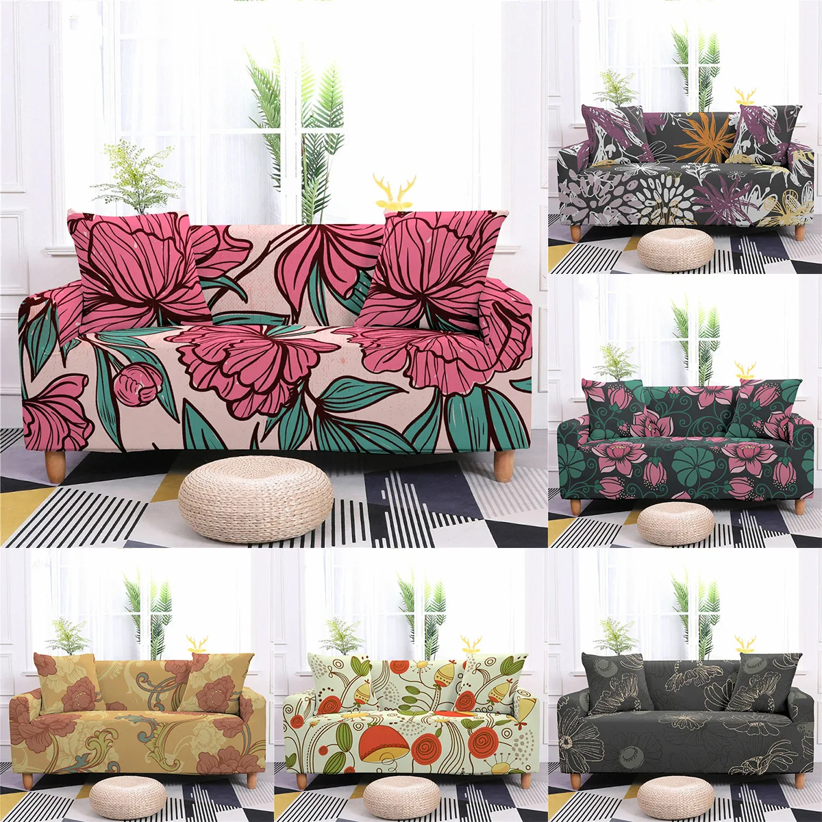 

Flower Printed Sofa Covers for 2/3 Cushion Couch Living Room All Season Stretch Sectional Sofa Cover Furniture Protector for Dog