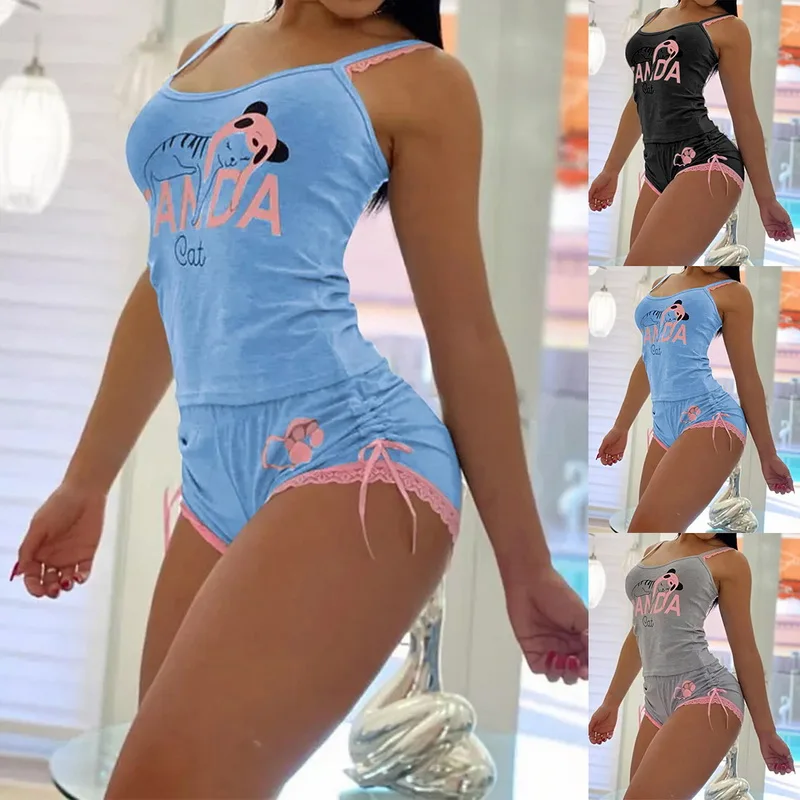 

Print Sexy Onesie for Adults Pajama Sleepwear Women Nightwear Short Jumpsuit Romper Femme Lingerie