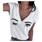 Летняя футболка для женщин, модные красивые глаза Графический короткий рукав сексуальное нижнее белье с глубоким v-образным вырезом, топы, Женская свободная футболка Топ