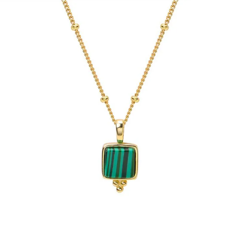 

Real 925 Sterling Silver Malachite Stone Pendant Necklaces For Women Statement Square Charm Long Chain Necklace Fashion Jewelry