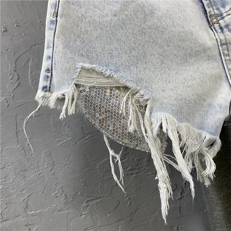 

Woman High Waisted Sequined Pocket Ripped Denim Shorts for Women Casual Pink Hot Pants 2021 New Summer Plus Size Short Jeans