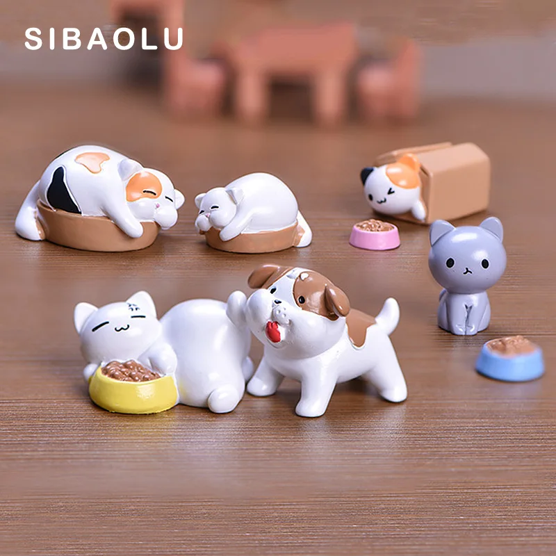 

New Cat Dog Kitten Puppy Carton Food Resin Figurine Cartoon Model Home Decor Miniature Fairy Garden Cake Decoration Accessories