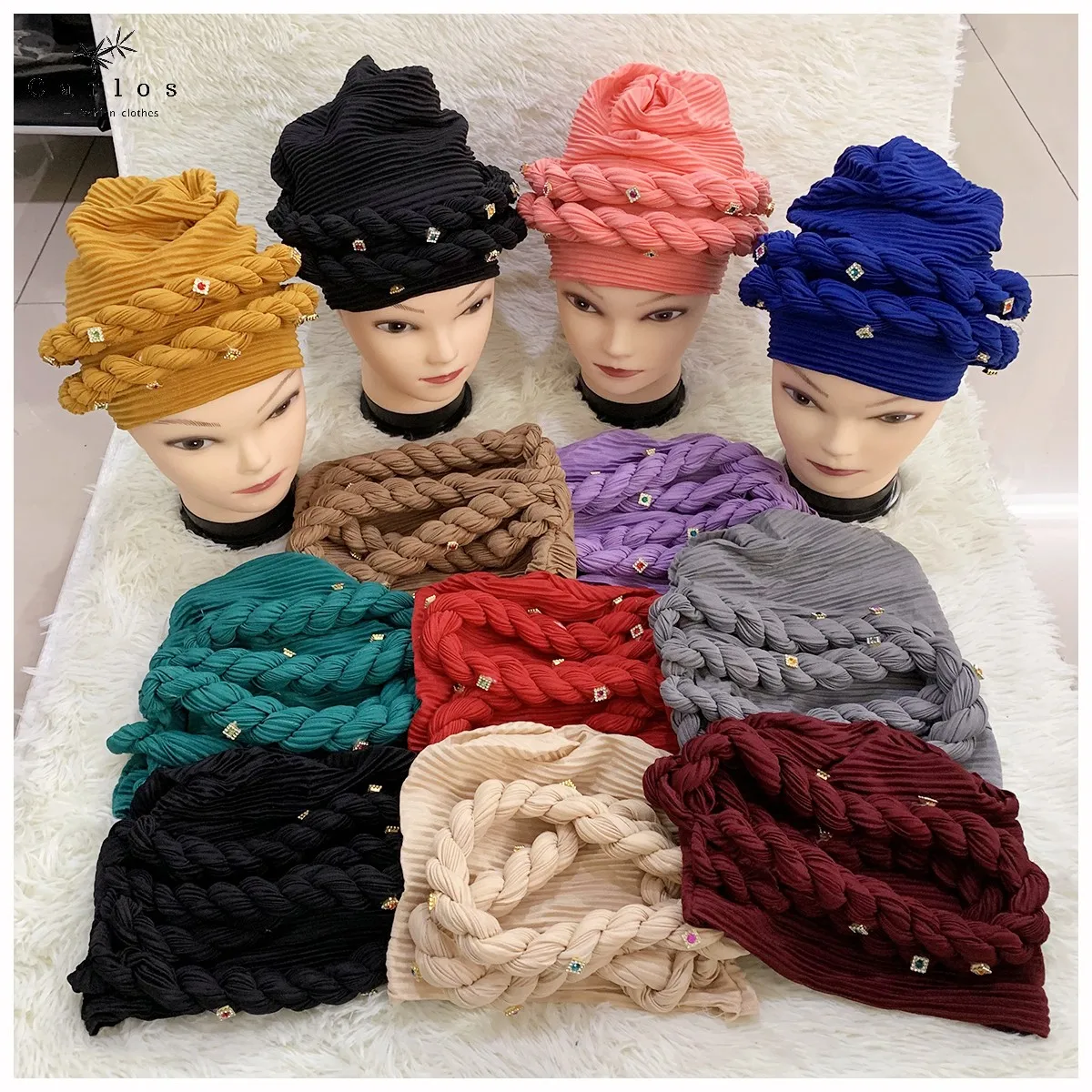 12pcs Main Stream New Fashion Velvet  Women Muslim Turban Color Cotton Bandanas Beaded Braid Headwraps Women Hair Accessories