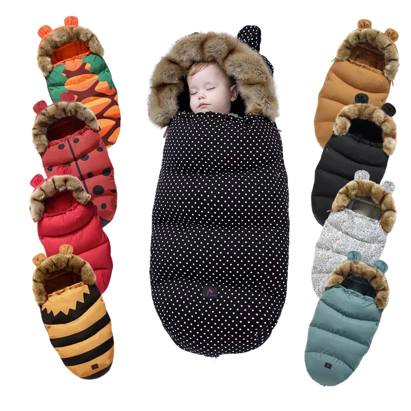

Baby Stroller Sleeping Bag Winter Warm Soft Fur Collar Sleepsack Windproof For Infant Wheelchair Envelopes Footmuff Universal