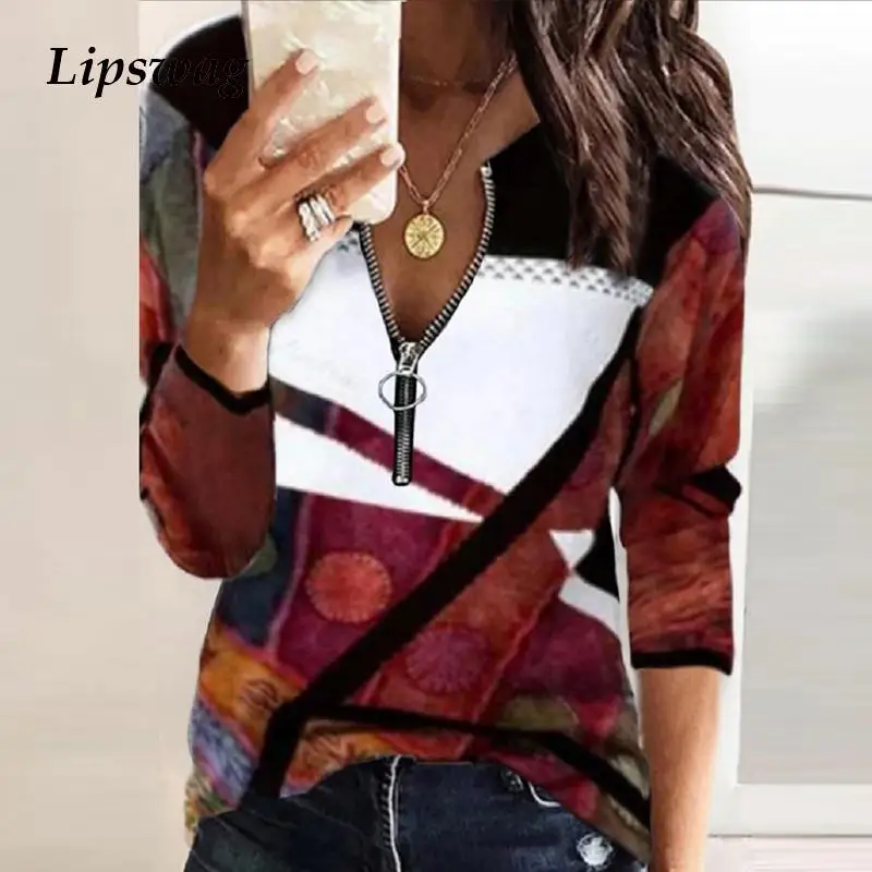

Plus Size Ladies Casual Loose Zipper Blouse Autumn Winter 2022 New Fashion Geometric Print Tops Women V-neck Long Sleeve Blouses