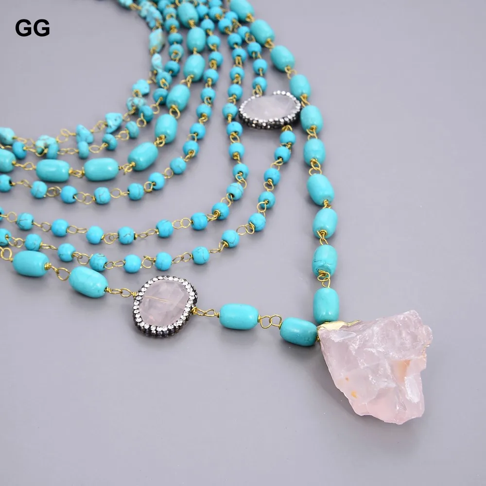 GG Jewelry 19 &quot-31&quot 7 нитей голубой бирюзовый камень кошачий глаз розовая подвеска в